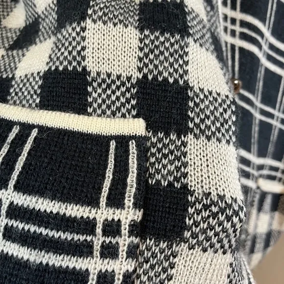 Potomac Collection Women Sweater Size 1X Black Wool Button Down Cream Check Plus