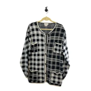 Potomac Collection Women Sweater Size 1X Black Wool Button Down Cream Check Plus