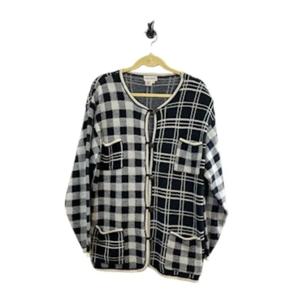 Potomac Collection Women Sweater Size 1X Black Wool Button Down Cream Check Plus
