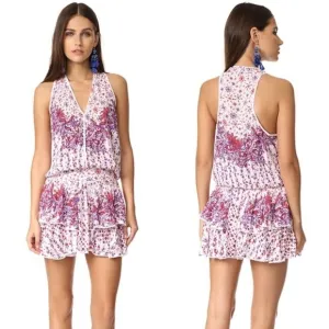 Poupette St. Barth Jolie Sleeveless Tiered Mini Dress White &amp; Purple Size Small
