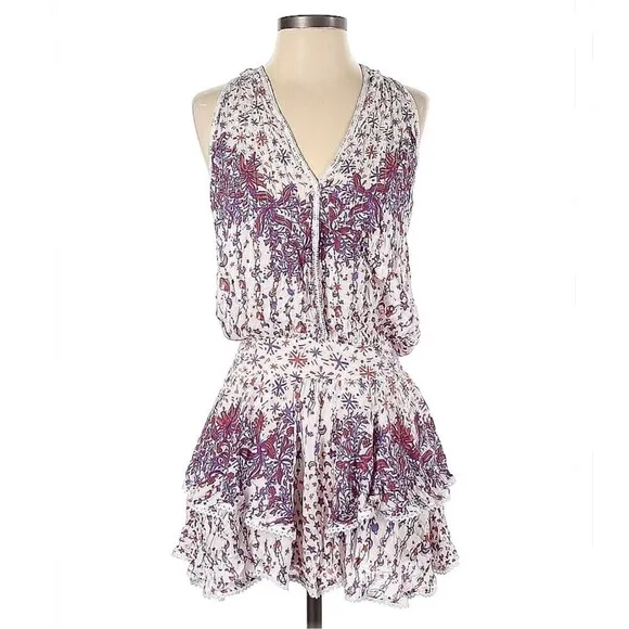 Poupette St. Barth Jolie Sleeveless Tiered Mini Dress White &amp; Purple Size Small
