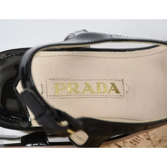 Prada 10 Platform Cork Wedges Patent Leather Chain Link T-Strap Sandals Black 40