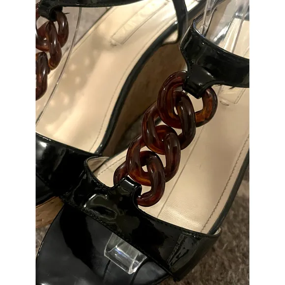 Prada 10 Platform Cork Wedges Patent Leather Chain Link T-Strap Sandals Black 40