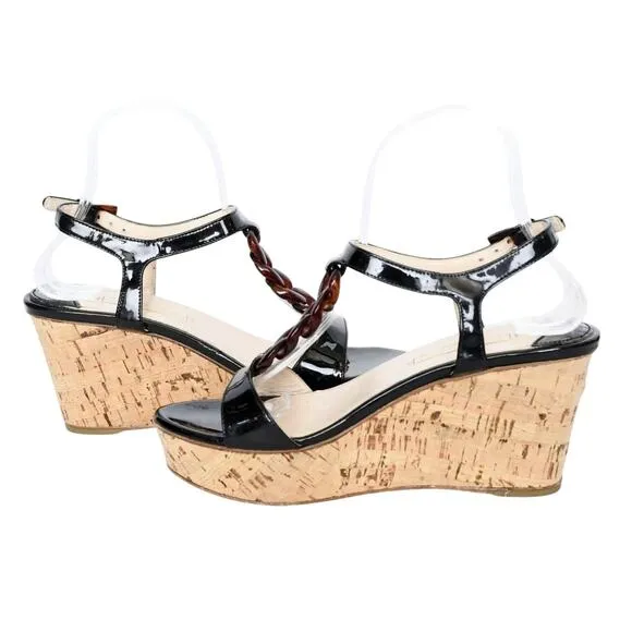 Prada 10 Platform Cork Wedges Patent Leather Chain Link T-Strap Sandals Black 40
