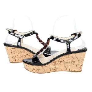 Prada 10 Platform Cork Wedges Patent Leather Chain Link T-Strap Sandals Black 40