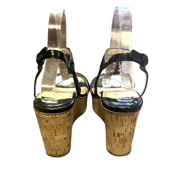 Prada 10 Platform Cork Wedges Patent Leather Chain Link T-Strap Sandals Black 40