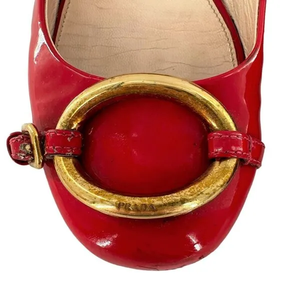PRADA Magenta Pink Patent Leather Logo Buckle Ballet Flats Size 35.5