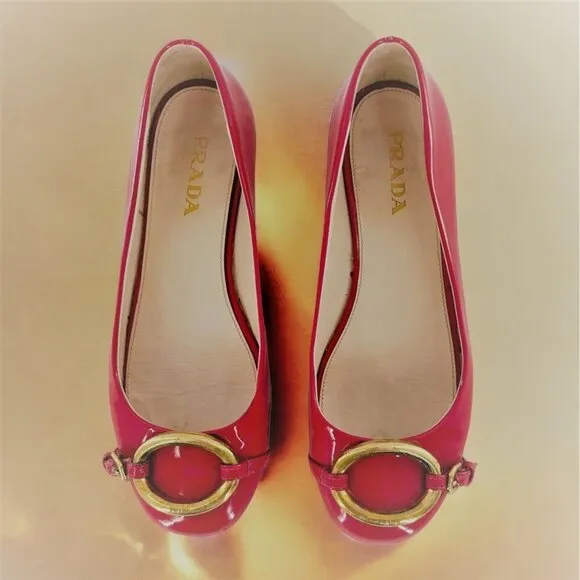 PRADA Magenta Pink Patent Leather Logo Buckle Ballet Flats Size 35.5