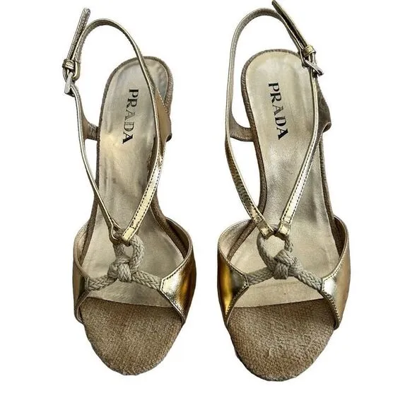 Prada Metallic Gold Peep Toe Wedge Heels
