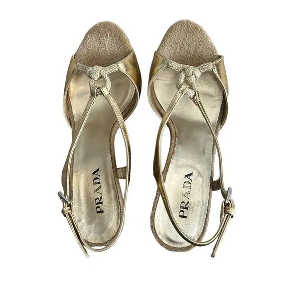Prada Metallic Gold Peep Toe Wedge Heels
