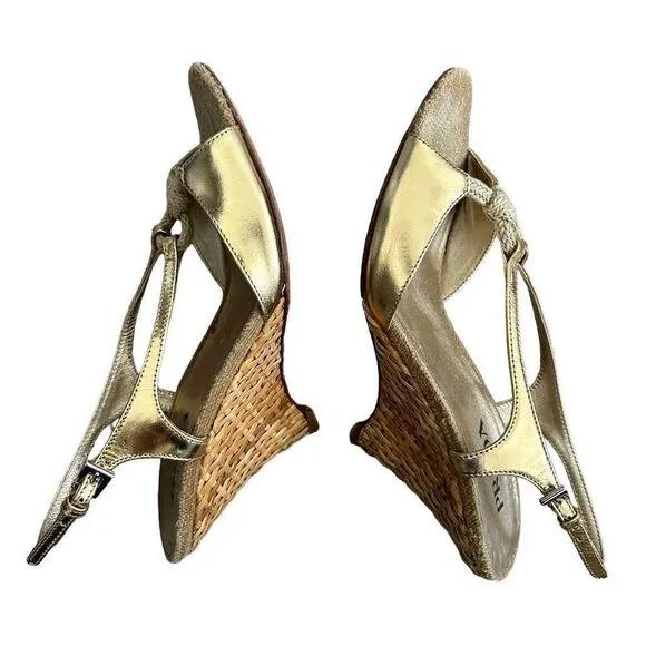 Prada Metallic Gold Peep Toe Wedge Heels