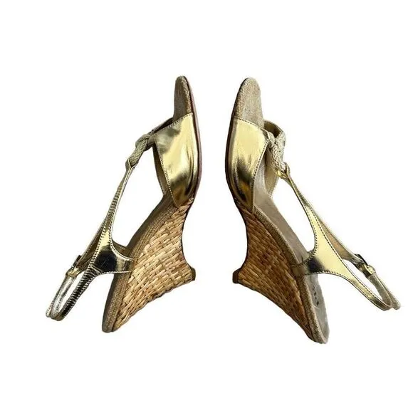 Prada Metallic Gold Peep Toe Wedge Heels
