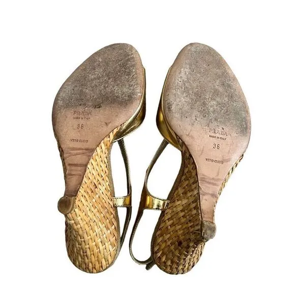 Prada Metallic Gold Peep Toe Wedge Heels