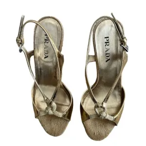 Prada Metallic Gold Peep Toe Wedge Heels