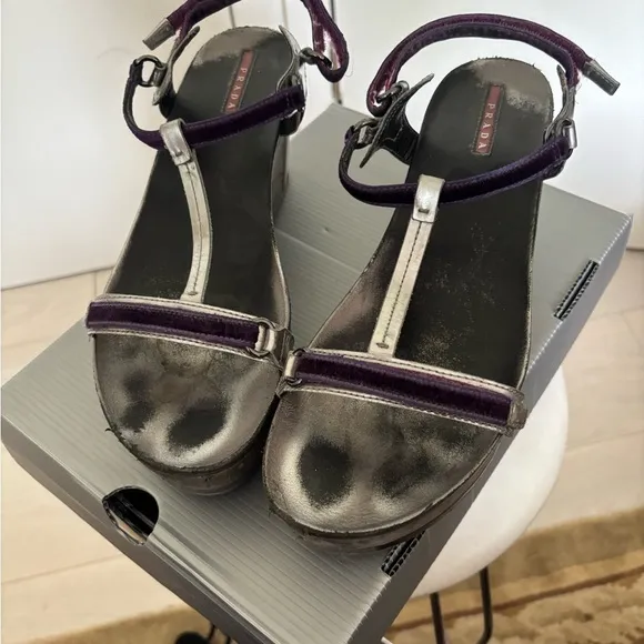 Prada Purple and Silver Wedges with Elegant Straps