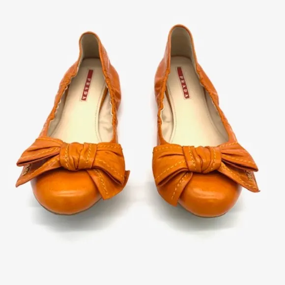 Prada Sport Leather Logo Bow Scrunch Ballet Flats~Ladies SZ 39.5~Summer Chic