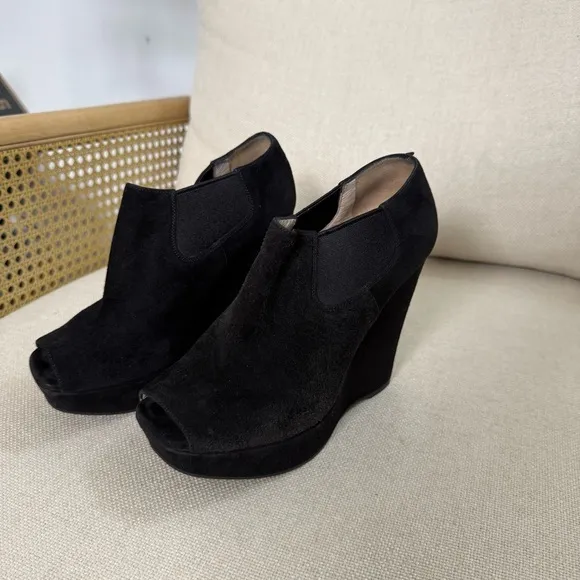 Prada Suede Peep Toe Ankle Boot Wedges