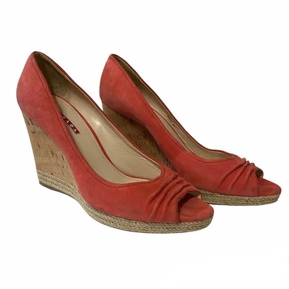 Prada Suede Peep Toe Cork Wedges