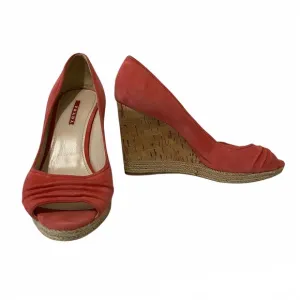 Prada Suede Peep Toe Cork Wedges