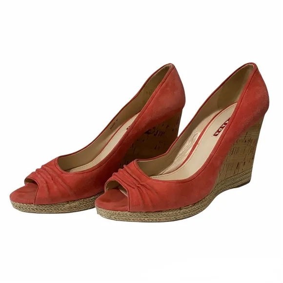 Prada Suede Peep Toe Cork Wedges