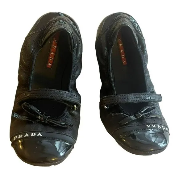 Prada Toddler Girls Mesh Leather Ballet Flat Shoes Preowned Size 11.5
