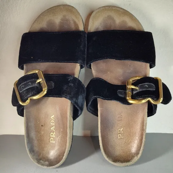 Prada Velvet Two-band Flat Slide Sandal In Black Sz EU 37 US 7