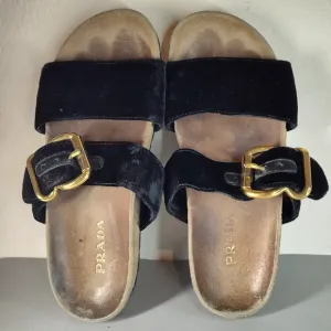 Prada Velvet Two-band Flat Slide Sandal In Black Sz EU 37 US 7