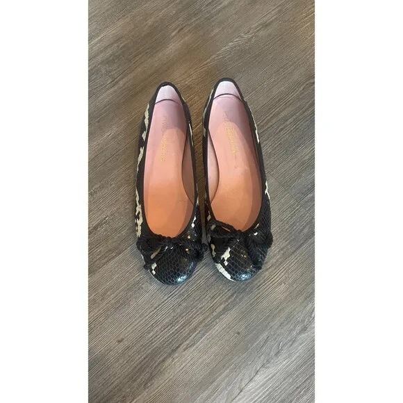 Pretty Ballerinas Rosario Round Toe Leather Python Ballet Flats Black Cream