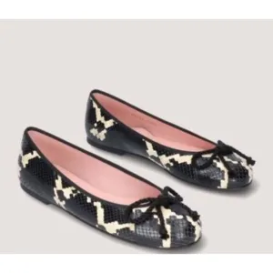 Pretty Ballerinas Rosario Round Toe Leather Python Ballet Flats Black Cream