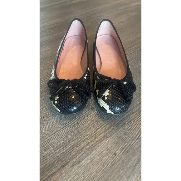 Pretty Ballerinas Rosario Round Toe Leather Python Ballet Flats Black Cream