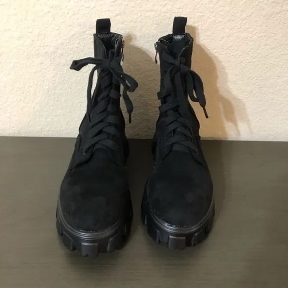 PrettyLittleThing Boots Black Lace Up Moto Combat Cleated Sole Trendy Streetwear