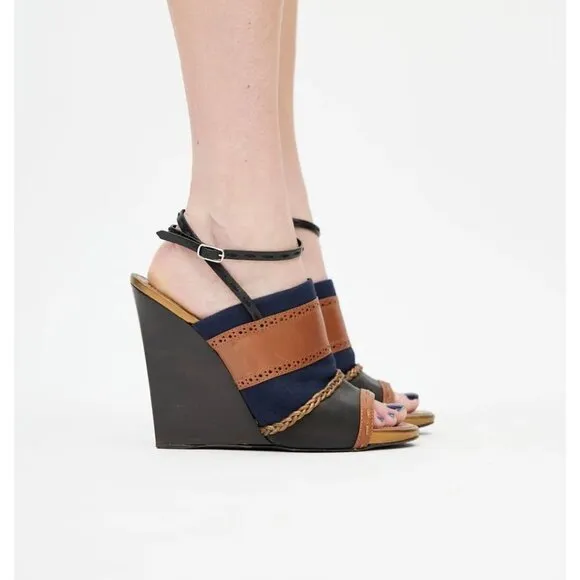 Proenza Schouler Brown Navy Blue Striped Ankle Strap Wedge heels 41