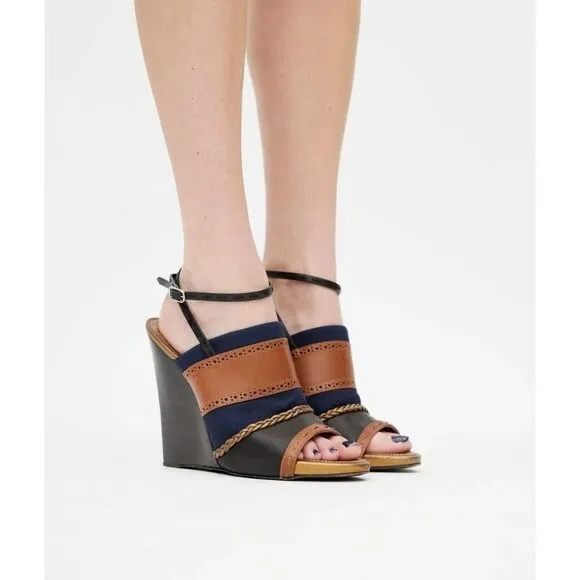 Proenza Schouler Brown Navy Blue Striped Ankle Strap Wedge heels 41