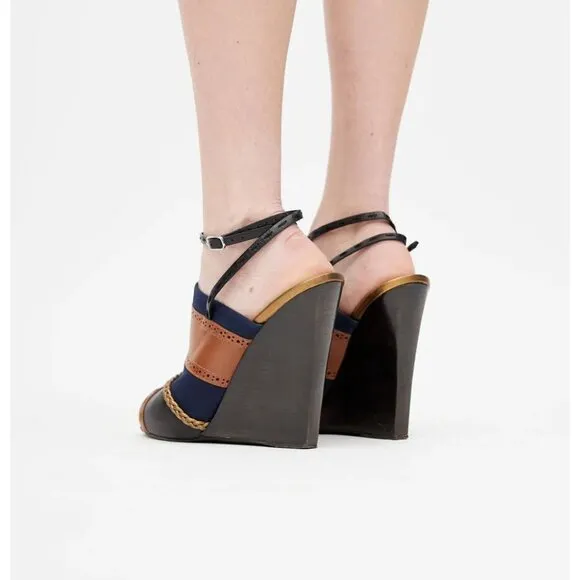 Proenza Schouler Brown Navy Blue Striped Ankle Strap Wedge heels 41