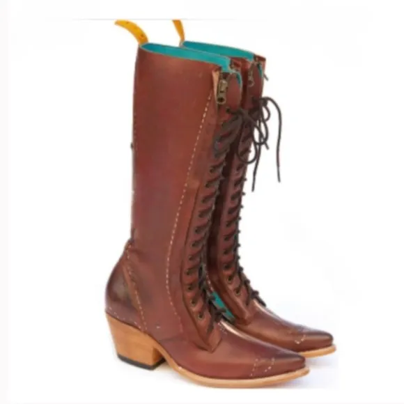 PS Kaufman Leather Cognac Tall Raceway Lace Up Boots | 7