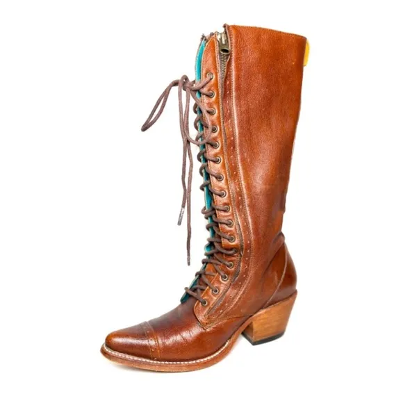 PS Kaufman Leather Cognac Tall Raceway Lace Up Boots | 7
