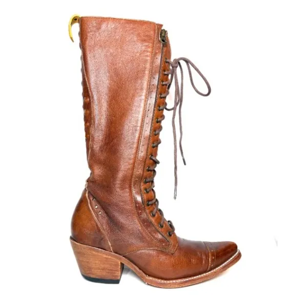 PS Kaufman Leather Cognac Tall Raceway Lace Up Boots | 7