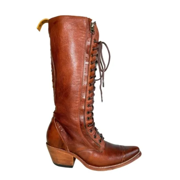 PS Kaufman Leather Cognac Tall Raceway Lace Up Boots | 7