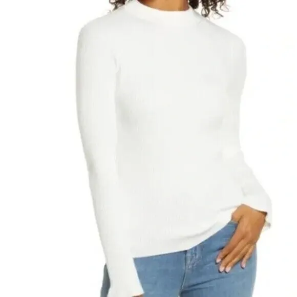 Rachel Parcell Women Sweater Size 2X Ivory Pullover Rib Mock Neck Long Sleeve