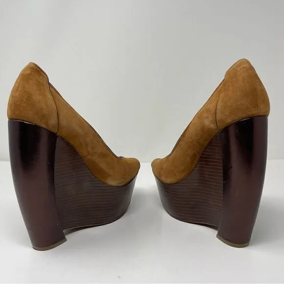 Rachel Zoe Hudson Peep Toe Wedges brown suede leather US6 BoxC