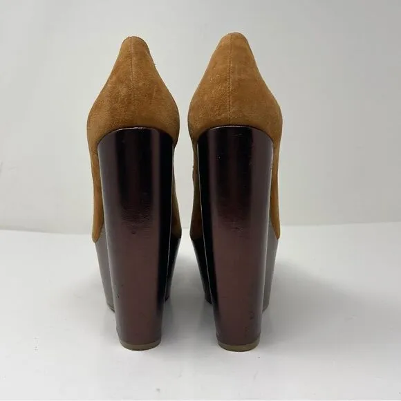 Rachel Zoe Hudson Peep Toe Wedges brown suede leather US6 BoxC