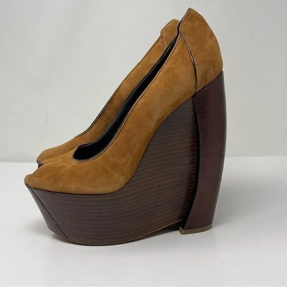 Rachel Zoe Hudson Peep Toe Wedges brown suede leather US6 BoxC