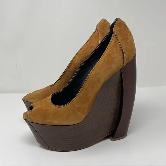 Rachel Zoe Hudson Peep Toe Wedges brown suede leather US6 BoxC
