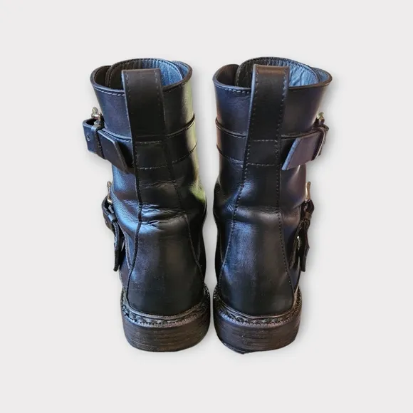 Rag &amp; Bone Hudson Black Leather Triple Buckle Combat Boots