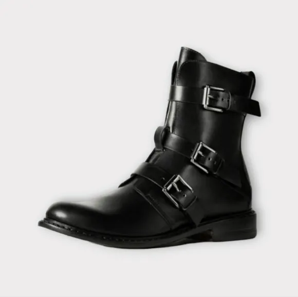 Rag &amp; Bone Hudson Black Leather Triple Buckle Combat Boots