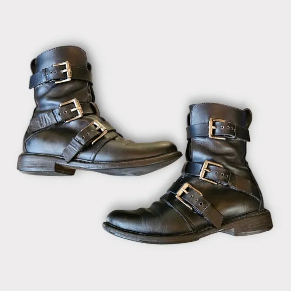 Rag &amp; Bone Hudson Black Leather Triple Buckle Combat Boots