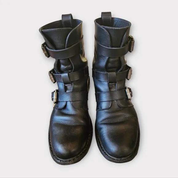 Rag &amp; Bone Hudson Black Leather Triple Buckle Combat Boots