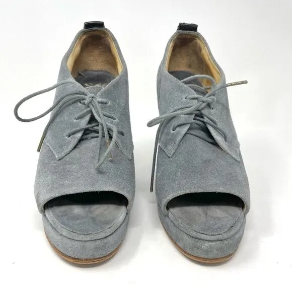 Rag &amp; Bone Sahara Grey Suede Open Toe Lace Up Platform Wedges Size 38