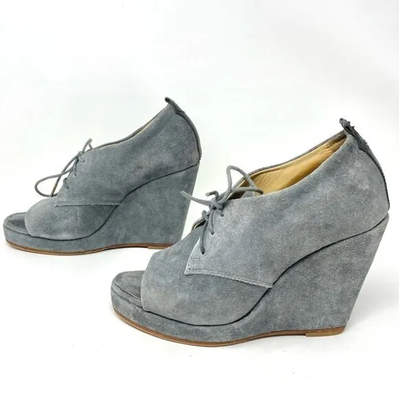 Rag &amp; Bone Sahara Grey Suede Open Toe Lace Up Platform Wedges Size 38