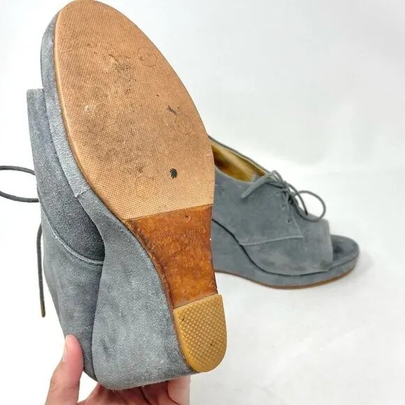 Rag &amp; Bone Sahara Grey Suede Open Toe Lace Up Platform Wedges Size 38